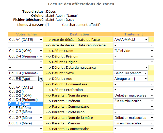 Exemple d'écran d'affectation de zones